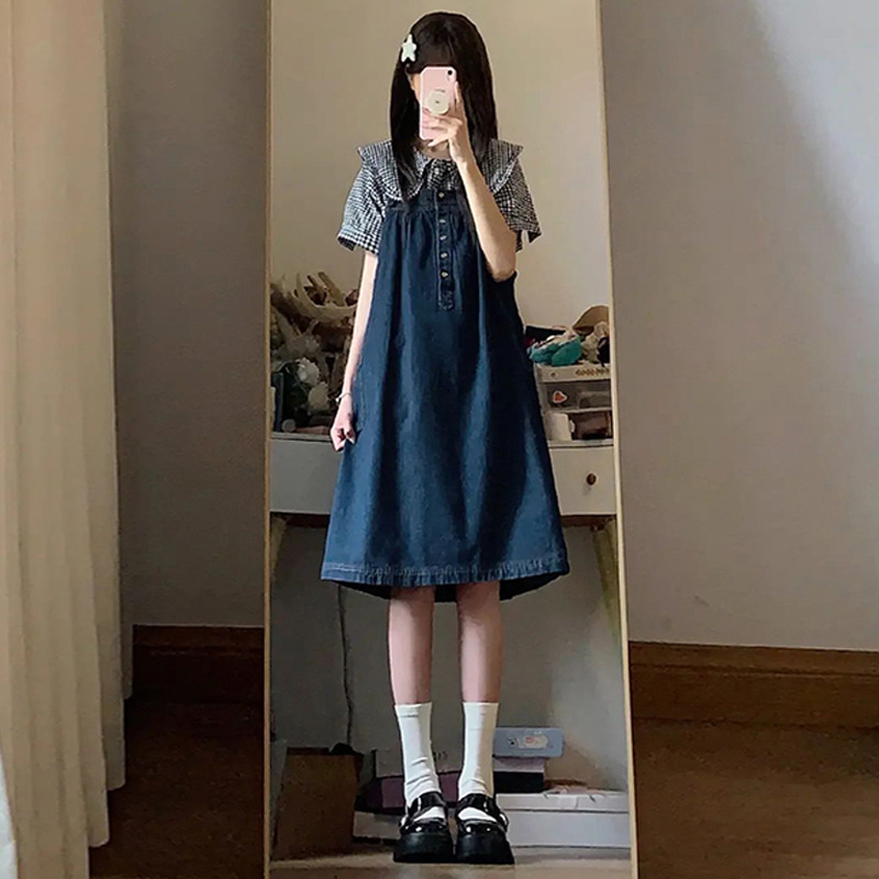 海边度假连衣裙女初中生高级感牛仔背带裙子套装少生夏装新款初中