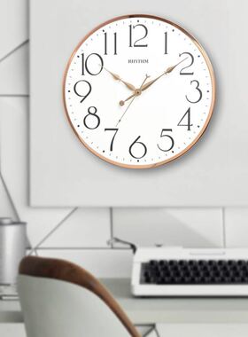 正品日本丽声RHYTHM静音玫瑰金挂钟客厅卧室办公室显眼钟表CMG569