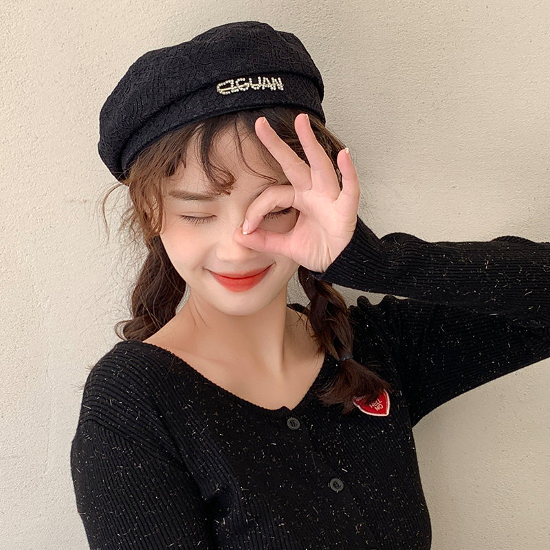 蕾丝贝雷帽女士春秋夏季薄款透气文艺复古英伦韩版潮百搭蓓蕾帽子