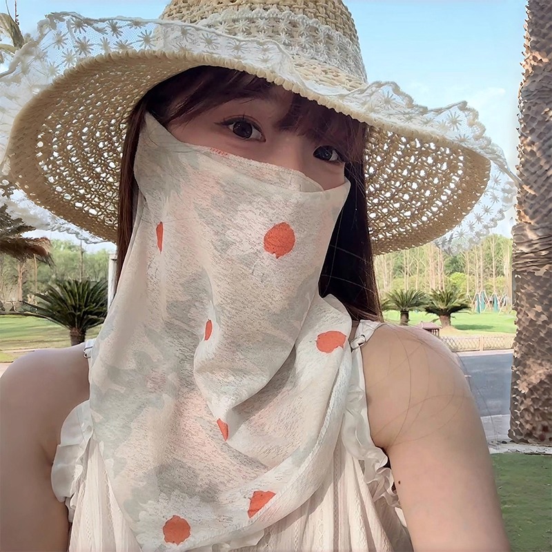 夏季防晒面罩女全脸面纱脸罩护颈脖子挂耳式户外遮阳碎花骑行脖套