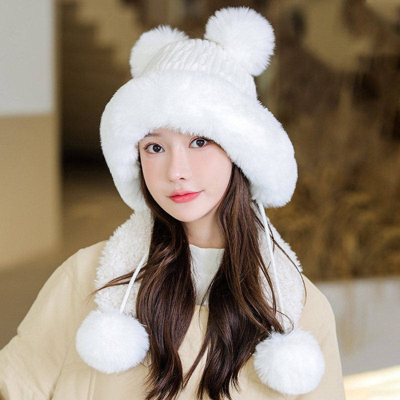 针织毛线毛绒帽子女冬天小熊耳朵加绒加厚时尚韩版大头围包头帽子