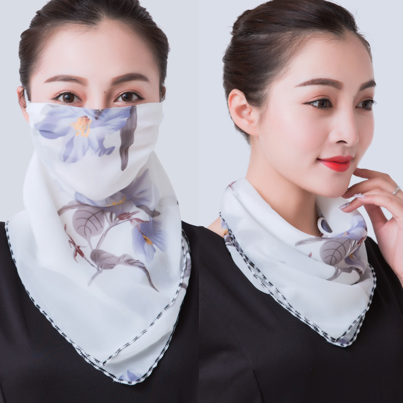 防晒挂耳面纱女士遮全脸围巾冰丝百搭印花百变围脖三角丝巾遮面巾