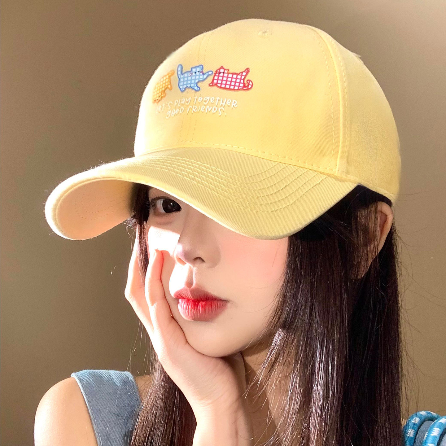 卡通刺绣棒球帽女韩版百搭显脸小黄色鸭舌帽宽帽檐大头围硬顶帽子