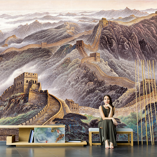 万里长城办公室壁画山水画壁纸无缝客厅电视背景墙墙纸装饰画墙布