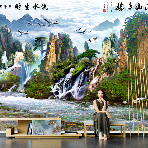 定制新中式流水生财风景画客厅电视背景墙卧室无缝墙布3d壁画壁纸