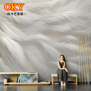 现代简约白色羽毛墙布直播间壁画客厅电视背景墙纸卧室沙发3D壁布