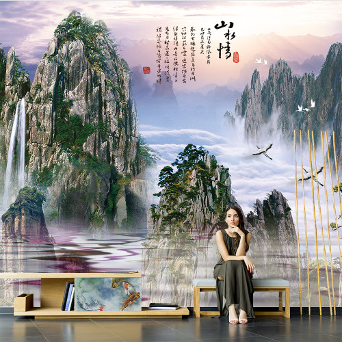 2025新款中式山水情客厅电视背景墙墙纸卧室无缝墙布沙发壁画壁纸