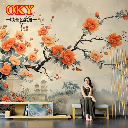 简约手绘油画花开富贵客厅背景墙装饰画抽象花卉高级感卧室壁画