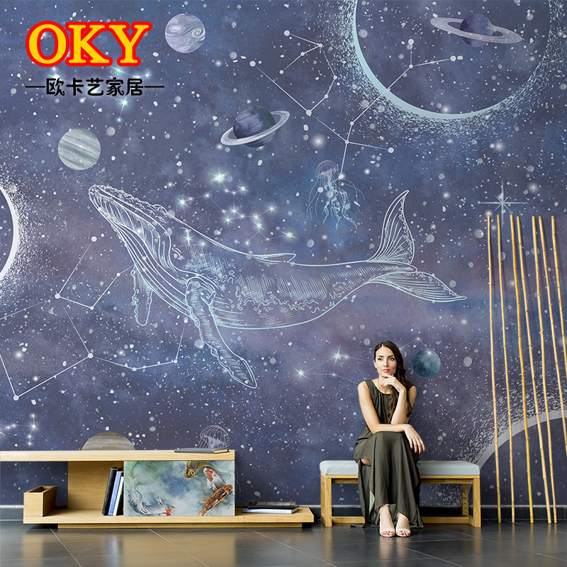手绘复古蓝色宇宙星空壁画卧室床定制壁画