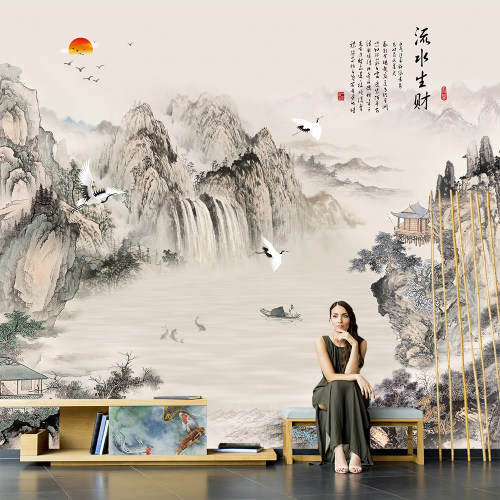 2025新中式流水生财墙布水墨山水画壁画国风客厅电视背景墙