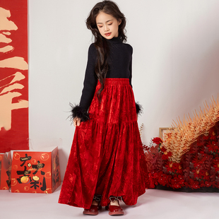 女童丝绒半身裙2025秋冬新款小女孩酒红色长款新年裙子显瘦百褶裙