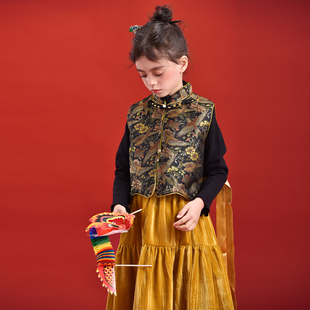 小蜜糖童装喜上眉梢织金马甲女童新中式儿童唐装年服马甲背心洋气