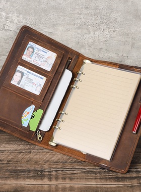 复古疯马皮A5笔记本套带6孔活页本学习办公多功能记事本真皮封套