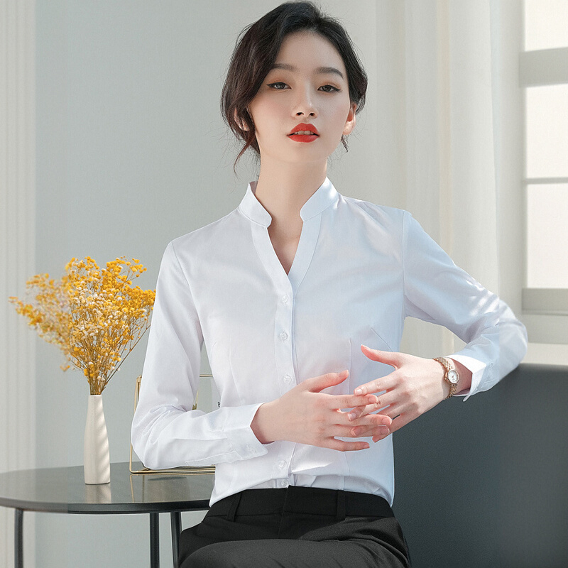 日本无印白色立领衬衫女长袖秋冬2025新品职业衬衣女装工作服上衣
