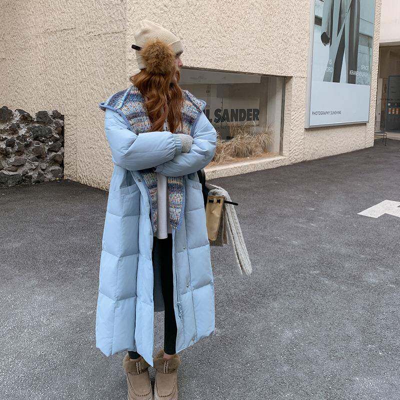 蓝色长b005-612款羽服女冬季韩系小个子加厚针连帽织膝过加厚白绒