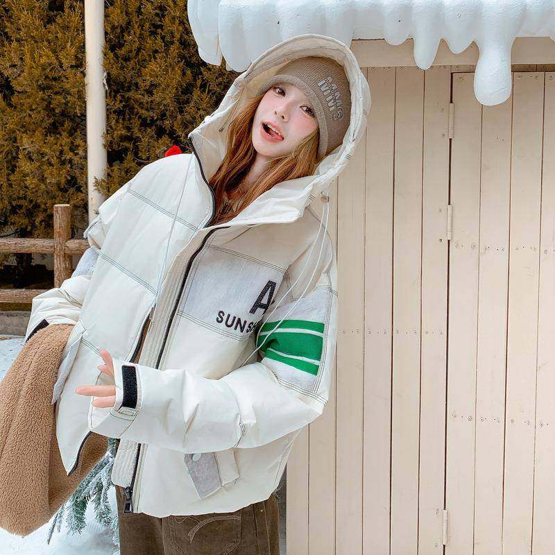 米白色系装风短款冬连工帽羽绒服C155-977女新韩款保暖加厚白鸭绒