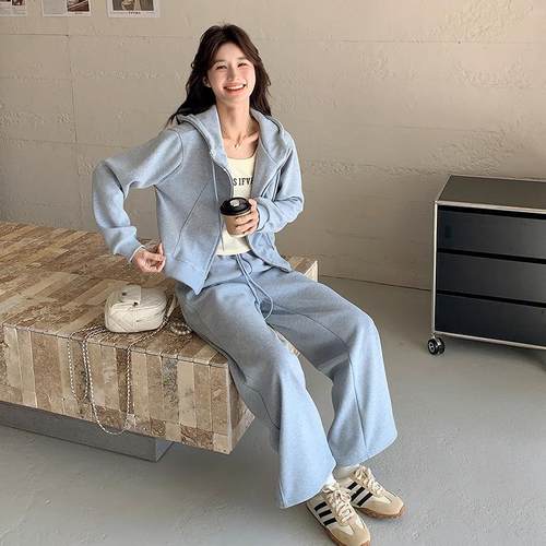 蓝色休ZZB1992闲女运动套装春装新款韩衫版连帽年开卫衣阔腿裤两