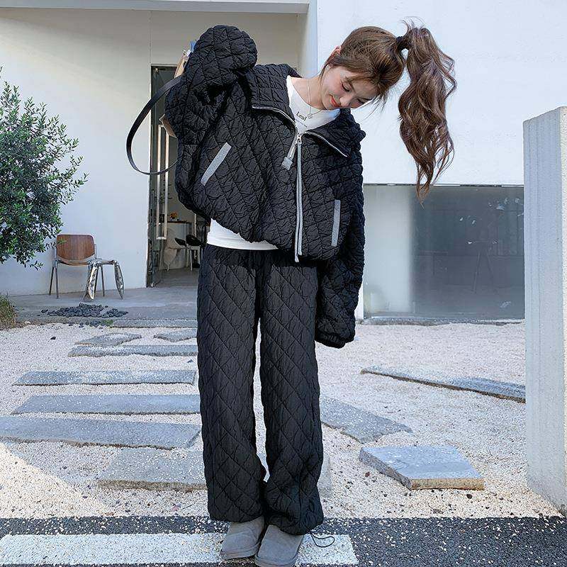 时尚洋件气菱格棉服套装女龄减冬季众新款设计感小长c196-961裤两