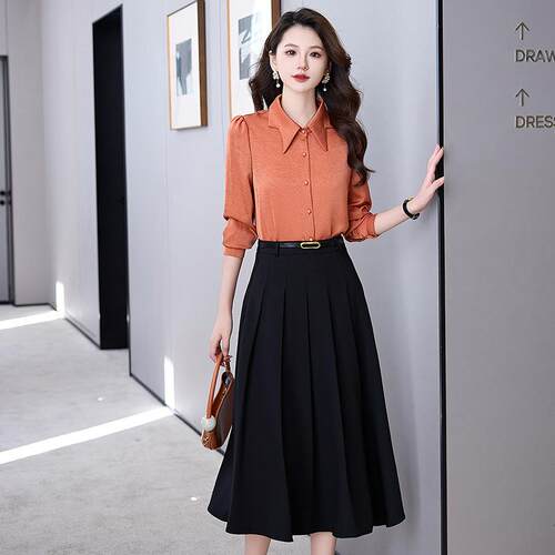 女裙装套时套装HR765-6秋季新品气质长袖衬衫尚百褶半两件裙-