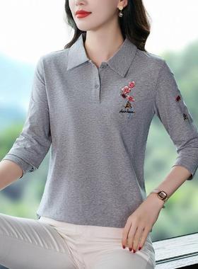 减袖龄长恤宽女春82441秋新款妈打妈衫纯棉松底上衣绣花翻领
