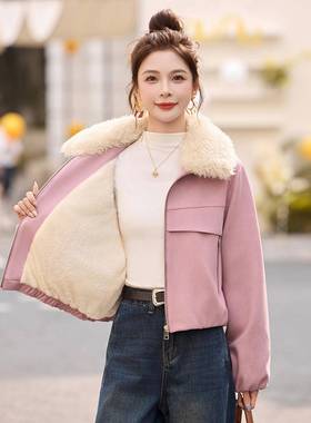 加5绒加厚ZWU7702A麂皮绒外套女冬202子新款小个气短款洋保暖羊羔