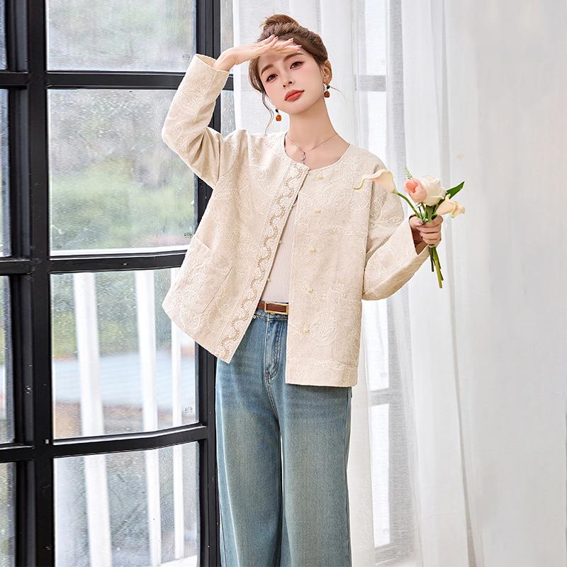 2025春季时尚百休闲气体质衣立腰果花棉麻刺绣钉搭珠外上套HEHE50