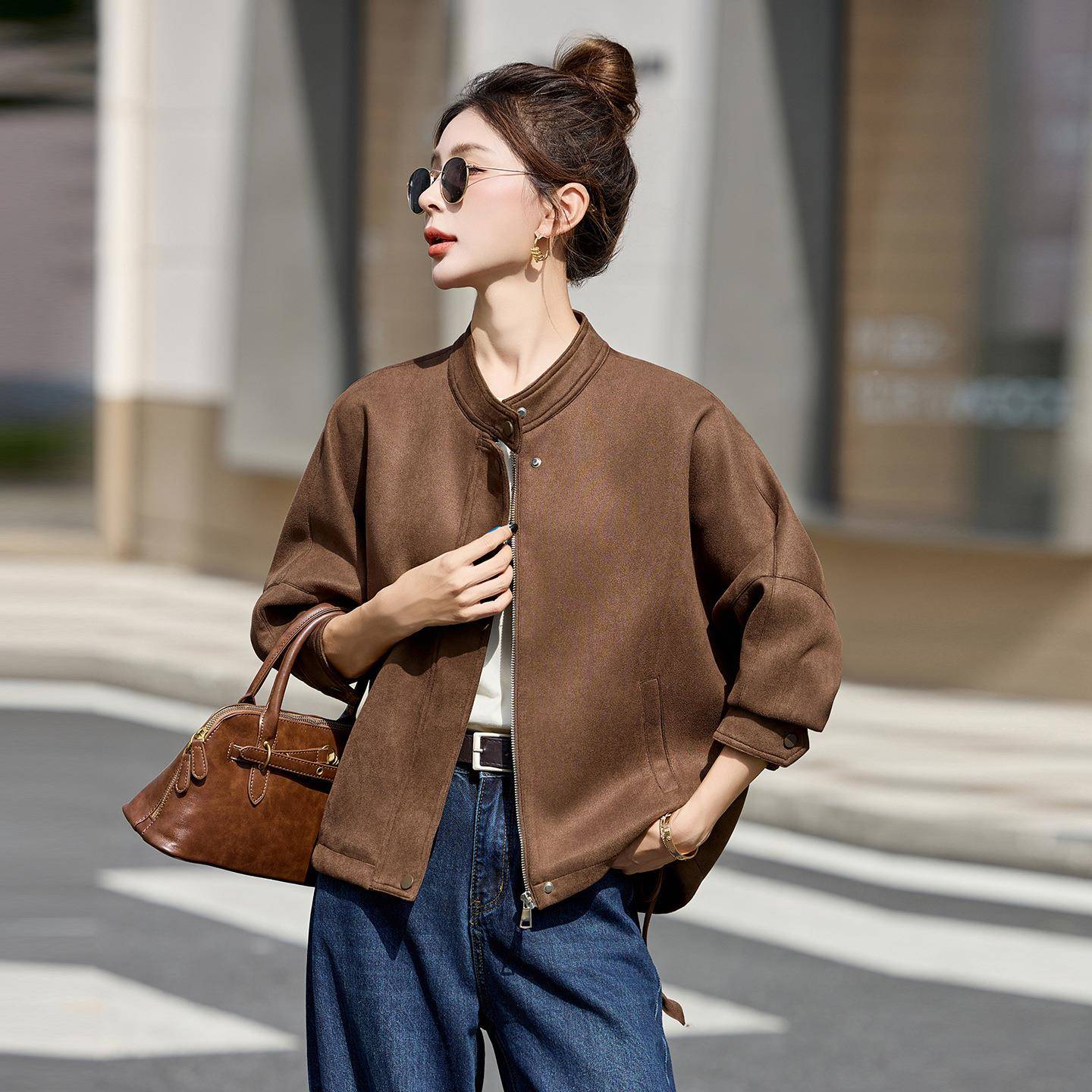 设款计ZWU7706A感复克古麂皮绒短机车夹外套秋韩系休闲宽女松减龄