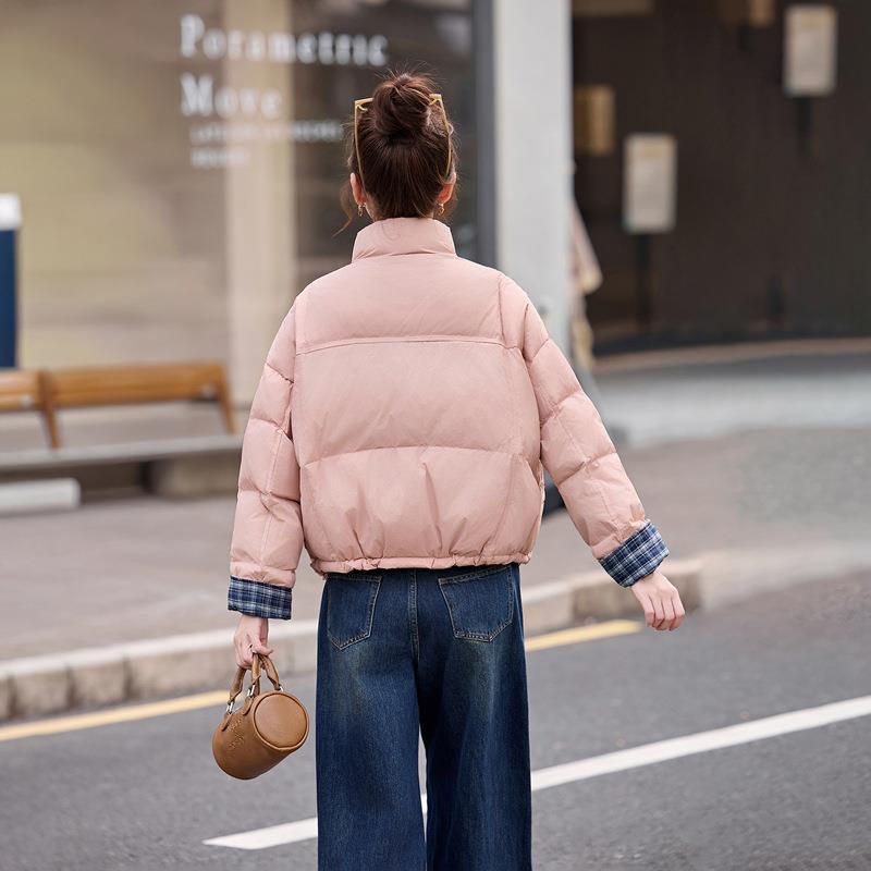 子拼格接色立领羽绒服女年冬季新粉时款尚宽松保暖白鸭绒ZYI99852