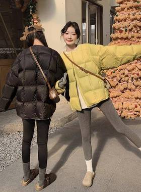 黄年绿色圆领白鸭绒方块绒服女冬季新款设计感b-M16羽超看短好款
