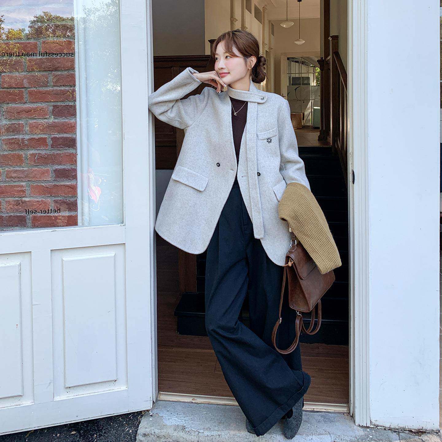 C079-454韩版浅灰色双面羊毛呢西装外套秋女新加冬季款显瘦厚呢子