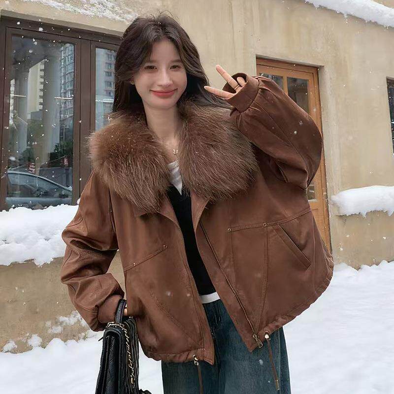 克咖色派围棉服冬季新款巨好看的韩D084-108系氛女感大毛领厚外套