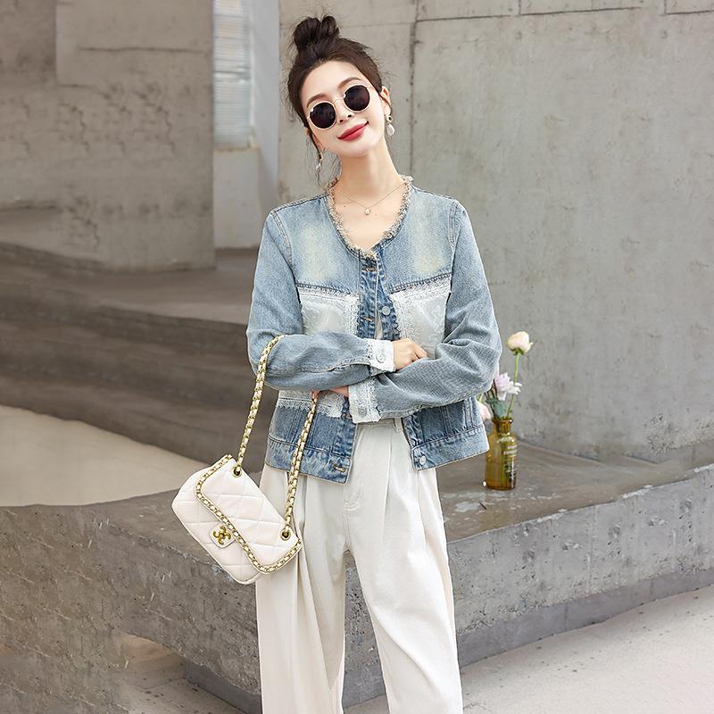 仔20GM7712-025秋季新款时尚蕾丝拼接牛短外7套女宽松长小个袖子