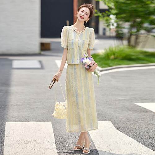时套装新款女提花季刺绣上衣尚显瘦遮肉ZQ257-0长裙两夏件裙