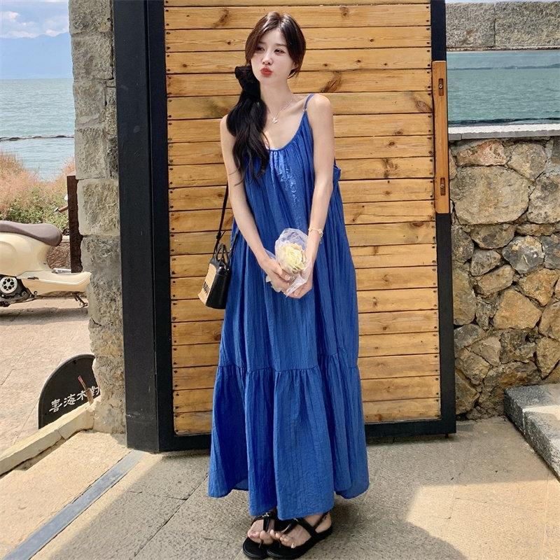 海边带度假色吊连衣裙女夏季法式气2B161-26质宽松显白超蓝仙滩沙