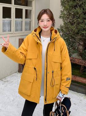 黄色韩版绳休风连帽抽派克外服套女冬D111-A1季新款中长款保暖棉