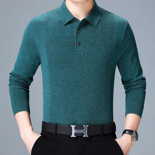 8826-R秋冬款纯色长羊绒袖恤男士大宽码松中新老年爸爸翻领衫