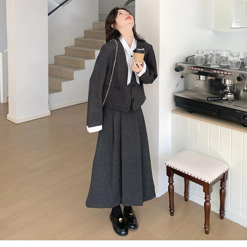 深灰色小香风西半套装裙女秋韩系高级C062-251尚感气质时身裙两服