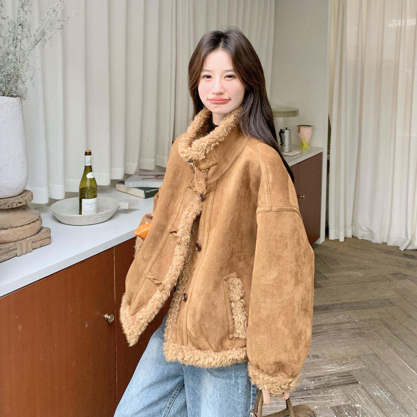 个棕色b169a-85一皮毛体羊羔毛棉服女外套冬装小子洋气仿独特别致