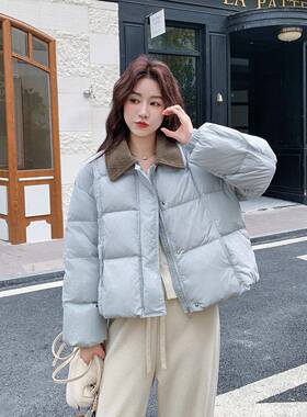 蓝色拼接羽绒服女款外冬季短加厚套超火韩系闲D078-811小个子面包