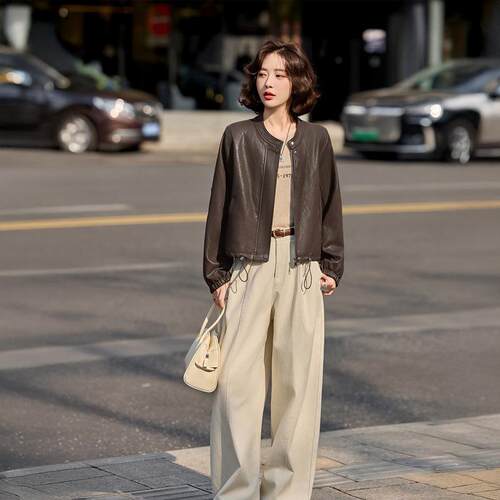 春季新皮款立领气短克款皮衣女Z9170-0百搭抽绳机车服质夹外套