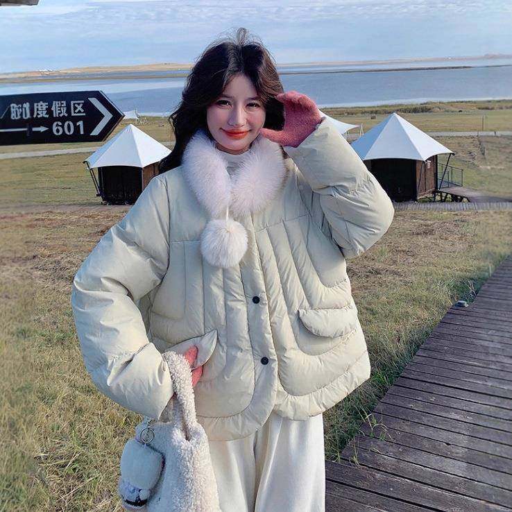 浅绿色b169-851毛领围脖款羽绒服女冬季短款韩系新温柔休闲鸭白绒