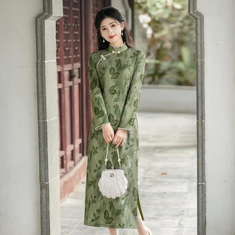 025秋冬季新款新中式国风立裙领钉珠网纱提花2加绒旗袍连衣LX2649