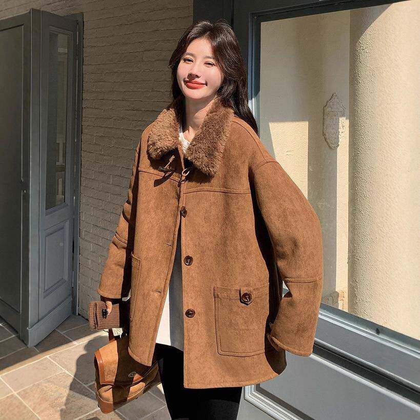 版咖羊毛外套女短款冬新款仿羔皮毛一D044-251体翻韩领加厚保暖棉