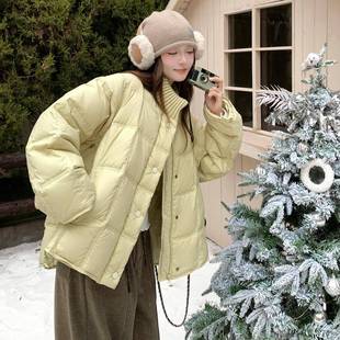 C100-29白外鸭绒羽绒服女季女装新款小冬子短款鹅黄色温柔个厚套