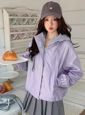 减龄紫色冲个锋衣外套女小子秋新款年今流行爆款短ZHAN150春休闲