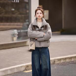 短羽绒个服女ZYI99849冬新款端高洋气小子皮拼接牛款角扣白鸭绒外