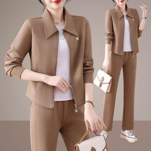 运动装女秋新款时春尚洋套气减龄妈妈装直宽筒裤松休82188745闲两