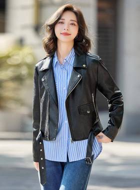 秋高季新款级克感QMM车服时尚百搭夹修身机翻领女式皮衣