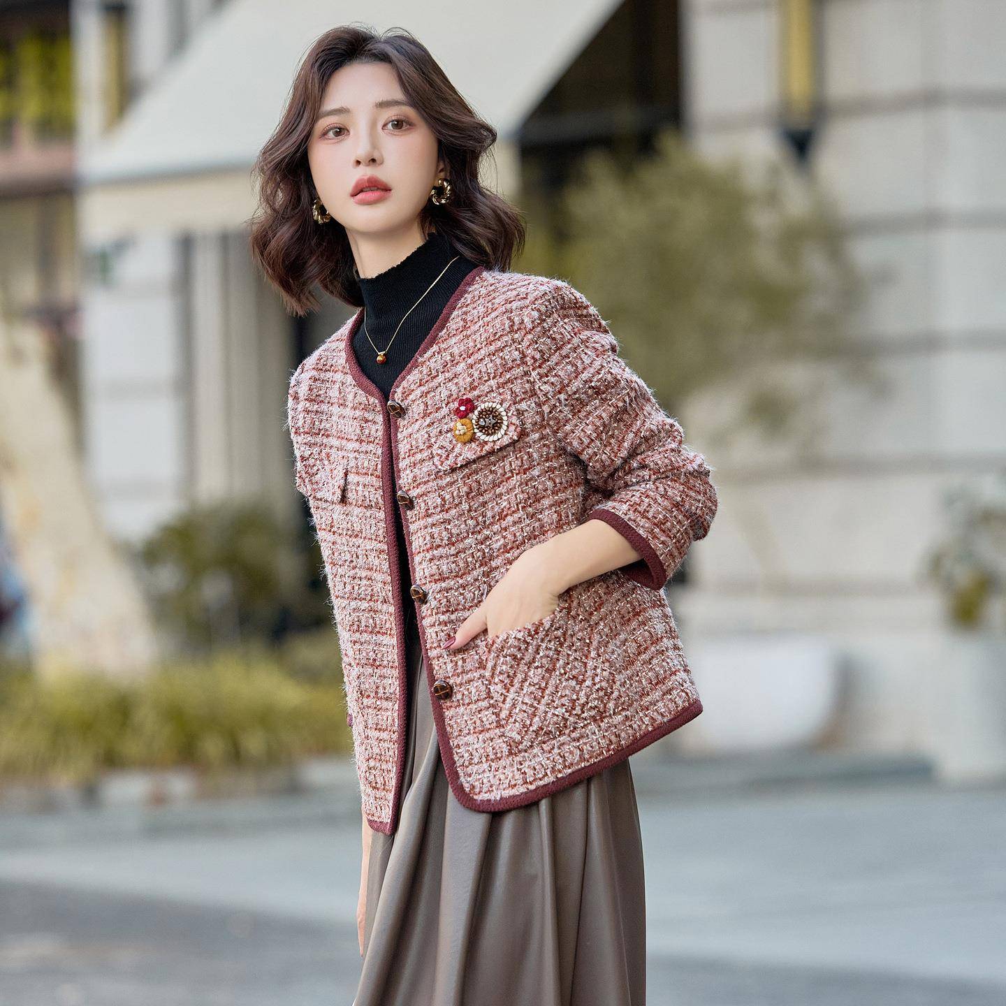 9计LU9103-1感短款编织小香风外套女2025秋季新L款拼接小个子上衣