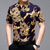 男士 衫 桑蚕丝薄年款 中爸爸装 衬冰翻丝宽松印花衬 短2110 领夏季 T袖